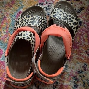 CROCS Leopard Print Sandals with Bright Orange Straps